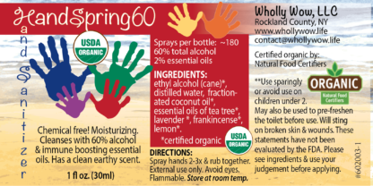 HandSpring60 Organic Hand Sanitizer with 60% alcohol, 1oz label